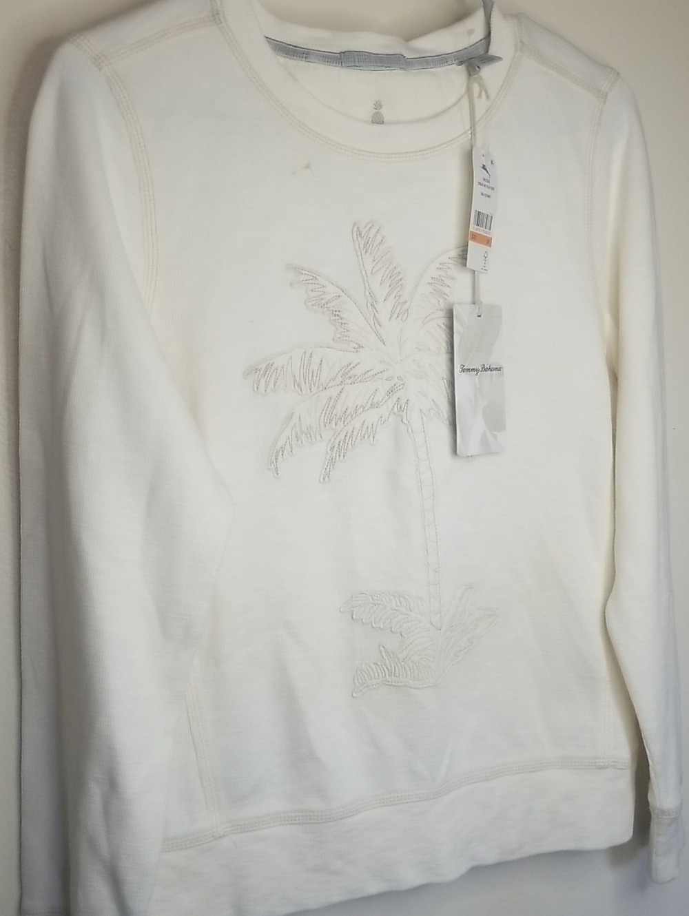 Tommy Bahama Cream Palm-Embroidered Crewneck Sweater